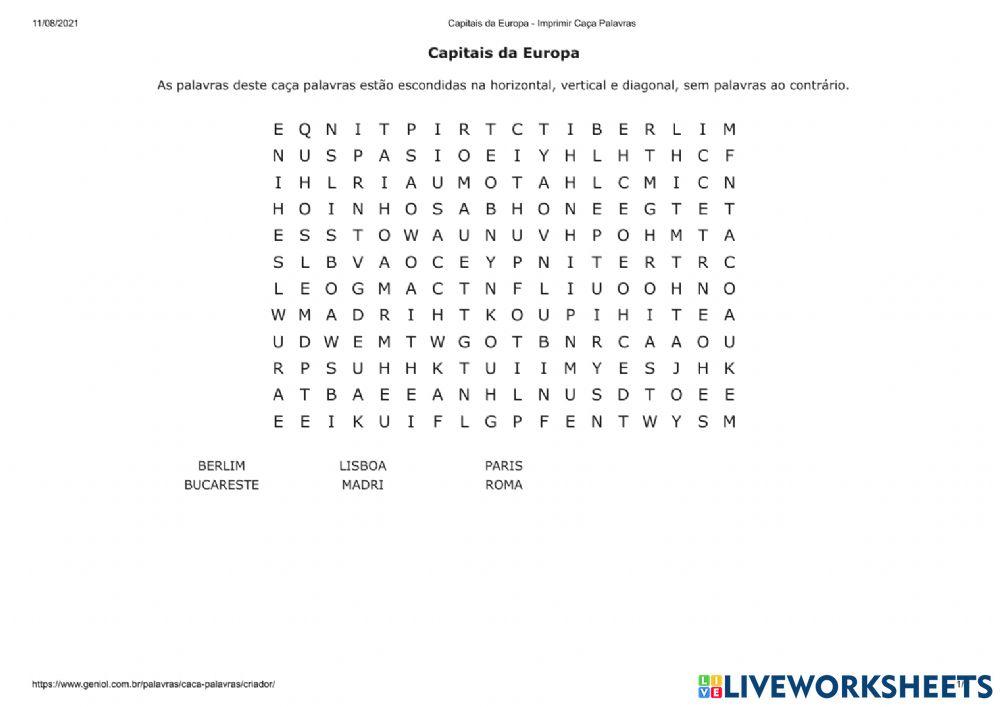 Caça palavras das capitais europeias