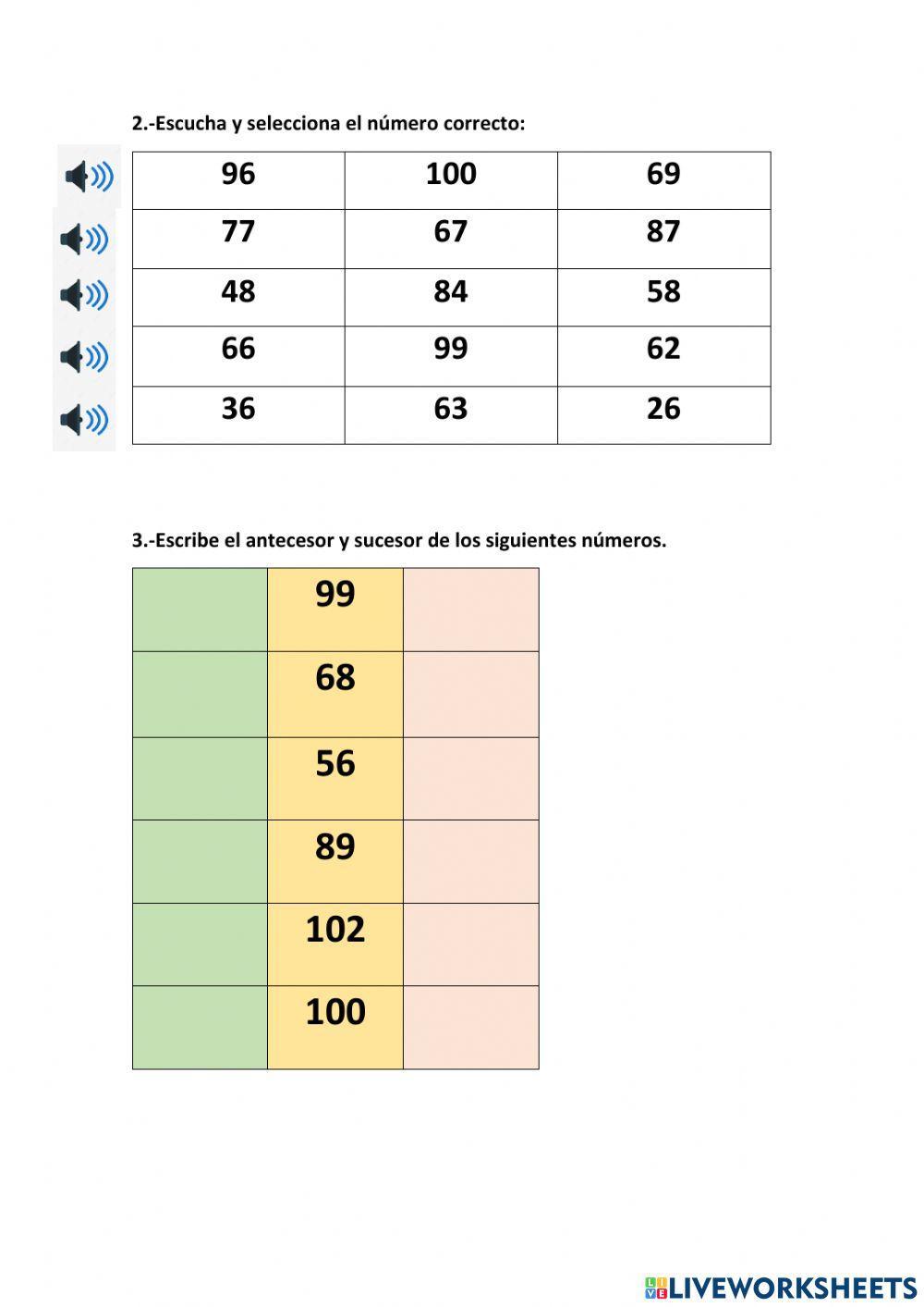 Numeración del 0 al 110