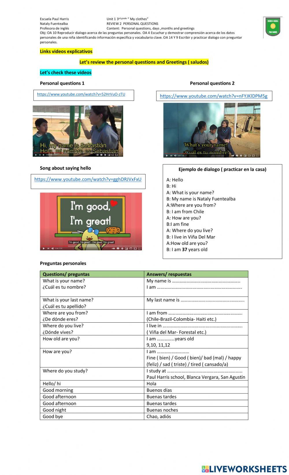 Review 2 personal questions unit 1 3rd grade