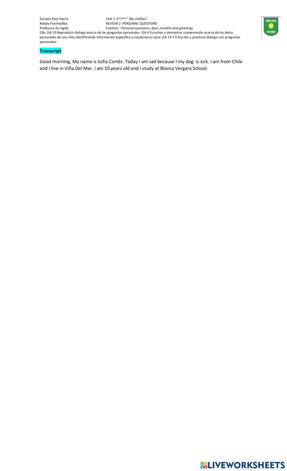 Review 2 personal questions unit 1 3rd grade