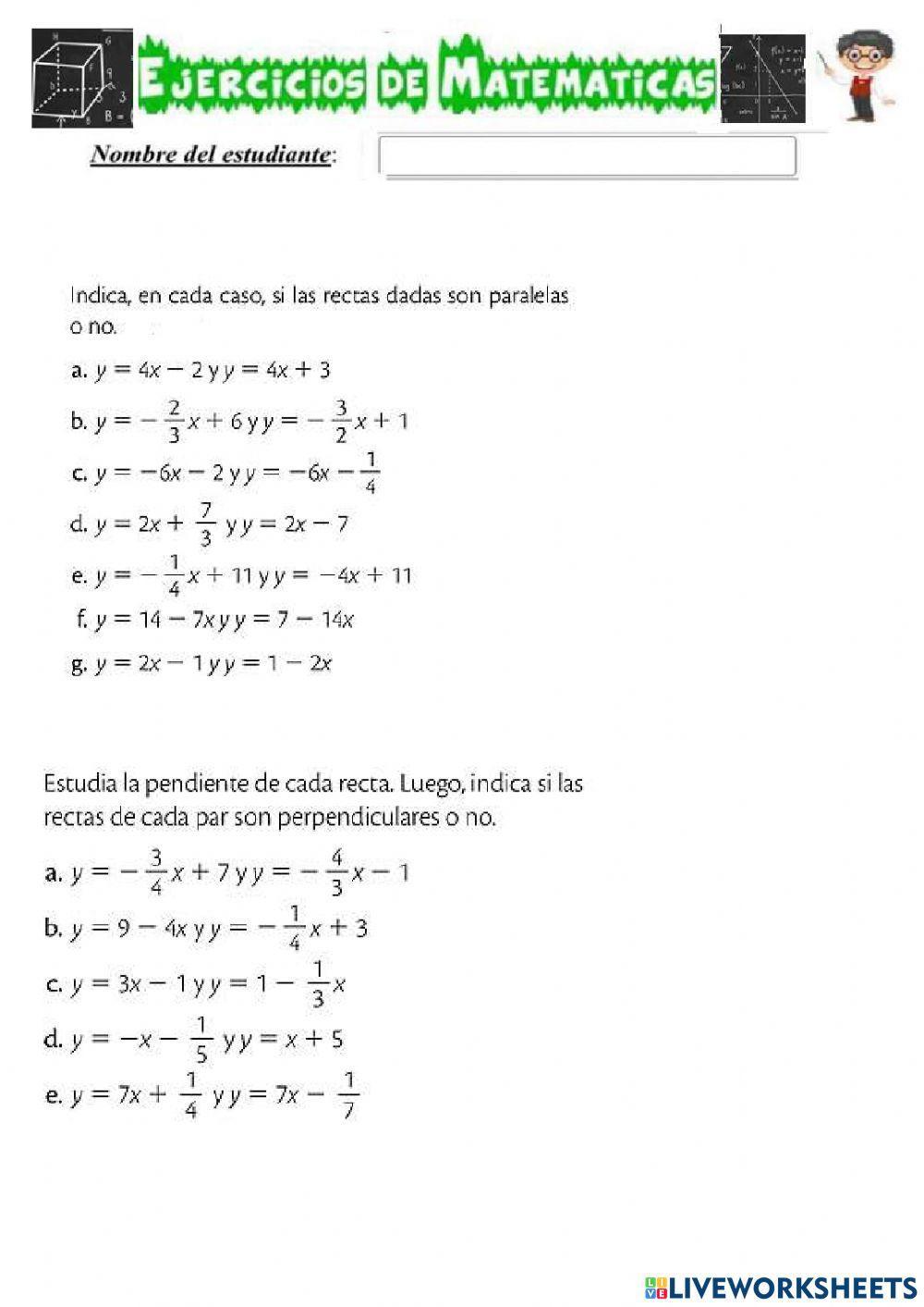 Relacion entre las pendientes de rectas paralelas y perpendiculares