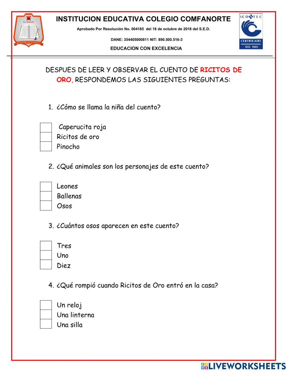 Ricitos de oro Free Interactive Worksheets 1255025