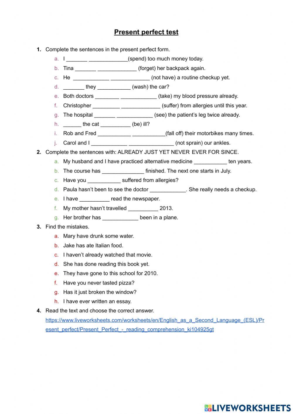 Present perfect test online activity | Live Worksheets