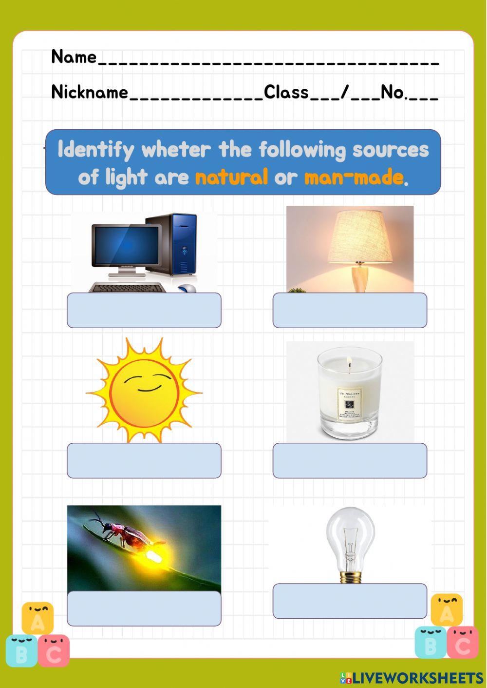 Natural or man-made source of light worksheet