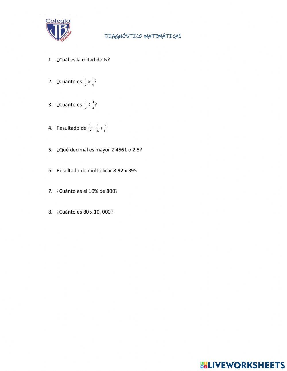 Examen  diagnóstico matemáticas