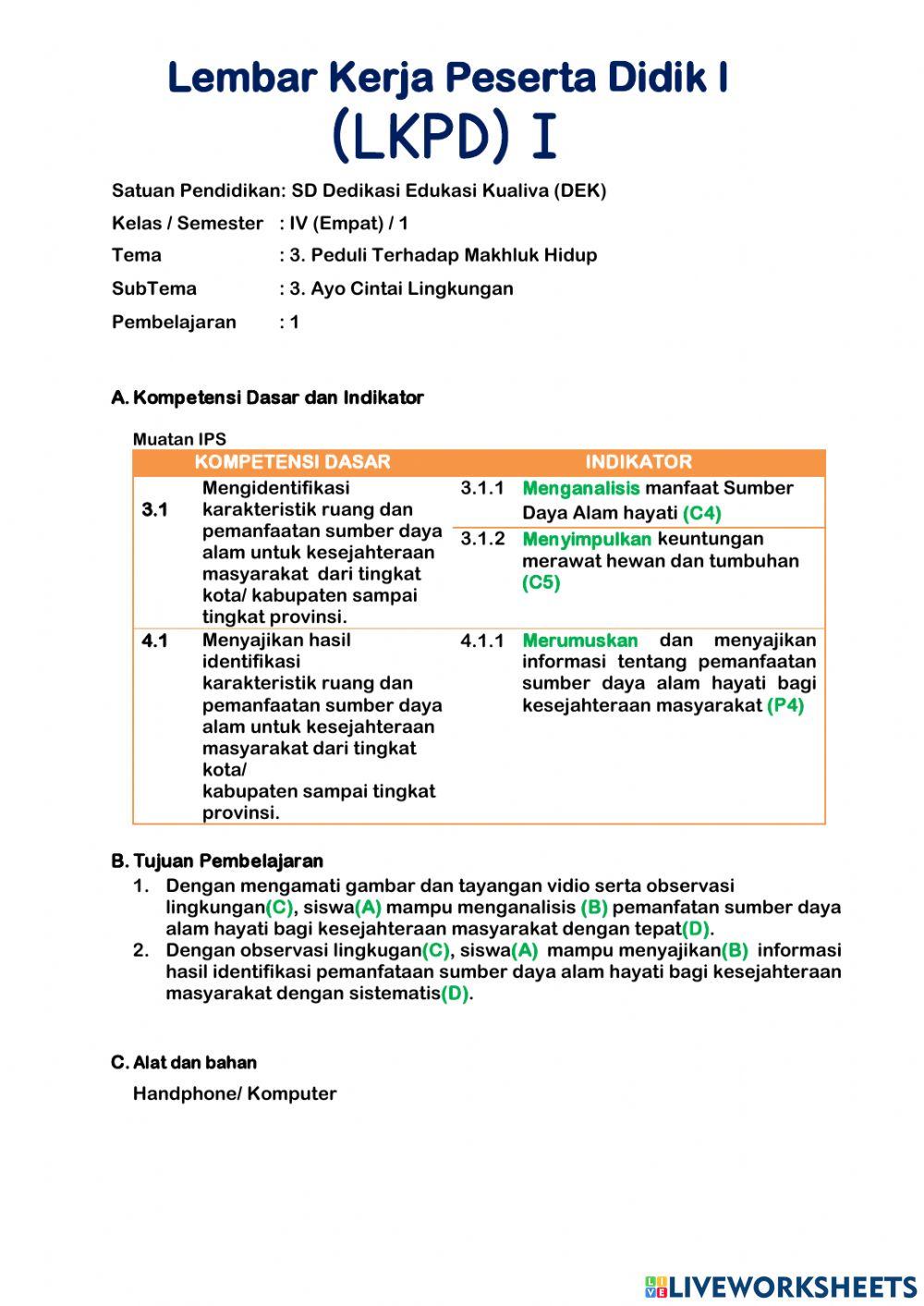 LKPD Kelas 4 Tema 3 ST 3 PB 1
