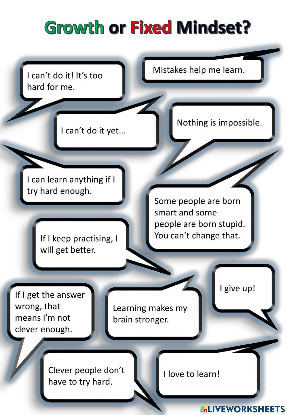 Growth or Fixed Mindset worksheet Live Worksheets