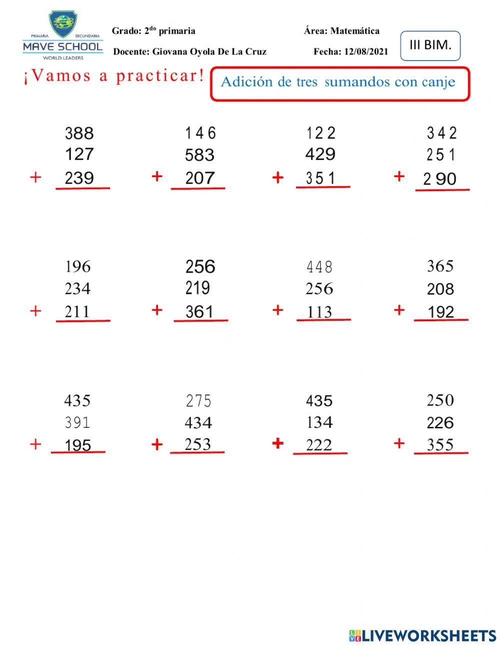 Adiciones de 3 sumandos con canje