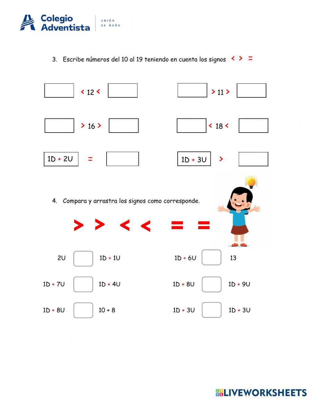 Comparación de números hasta 19
