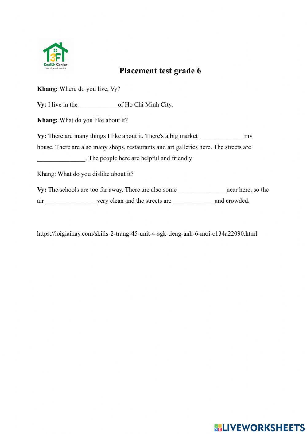 Placement test grade 6