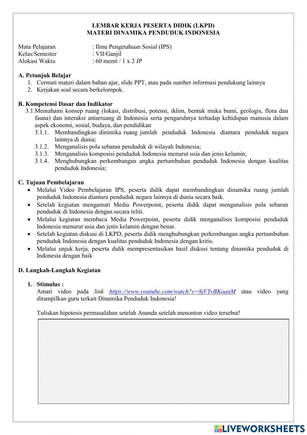 LKPD IPS 7 Dinamika Penduduk Indonesia