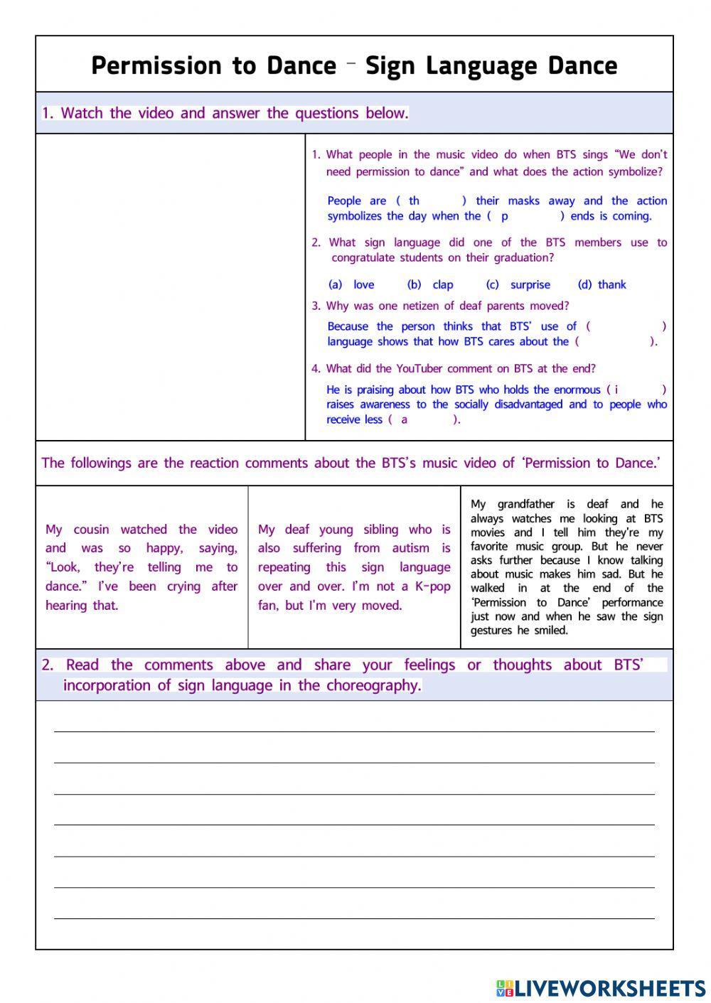 BTS 'Permission to Dance' Worksheet