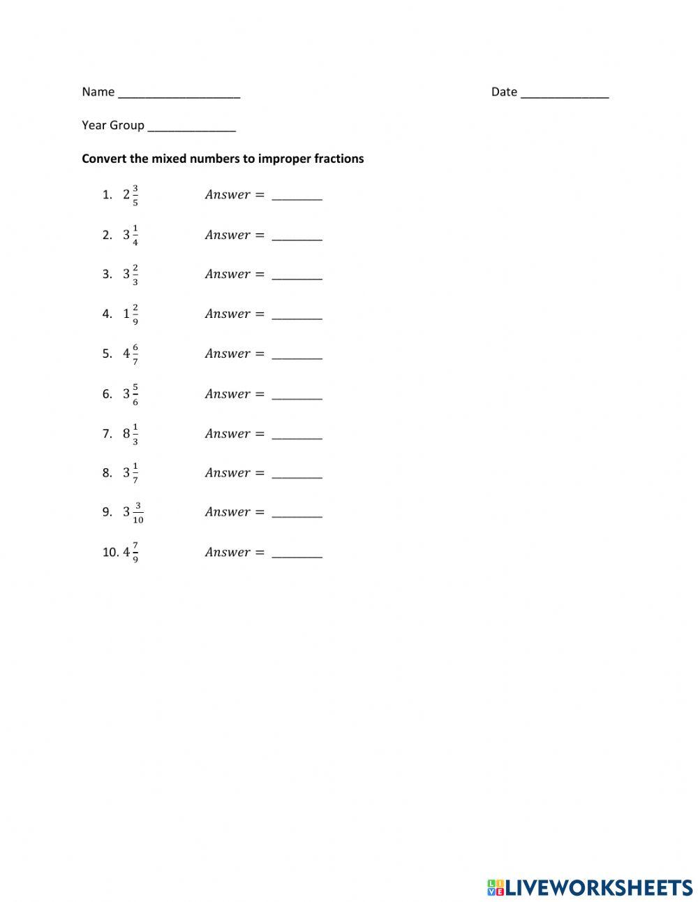 Converting Mixed Numbers to Improper Fractions worksheet | Live Worksheets