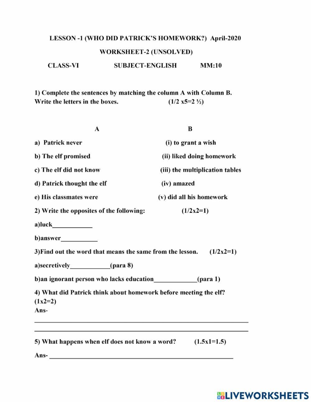 Who did patrick s homework 2 online exercise for live worksheets