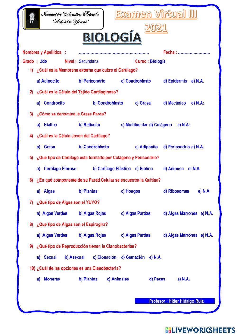 Examen Biologia 2do Sec.