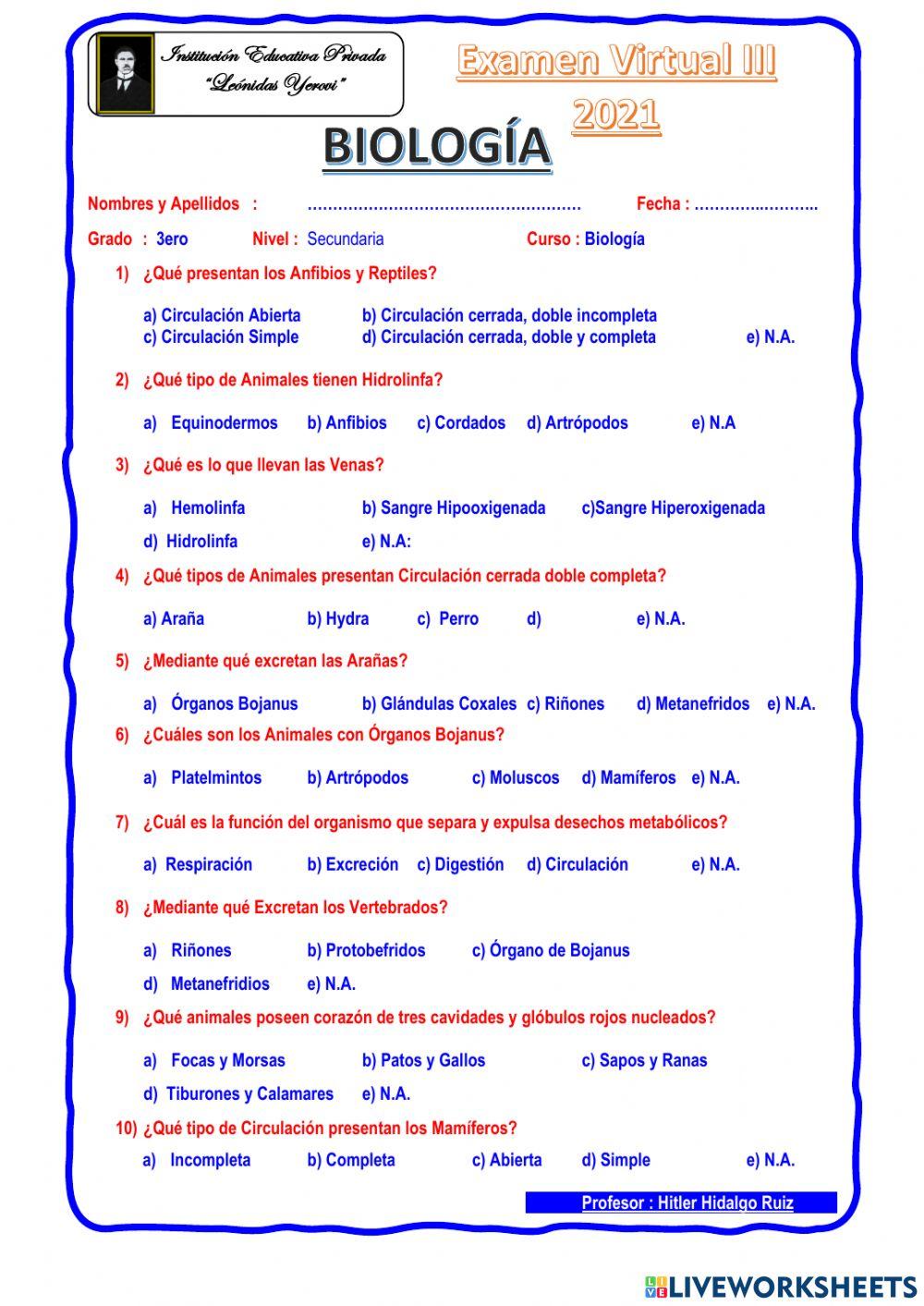 Examen Biología 3ero Sec.