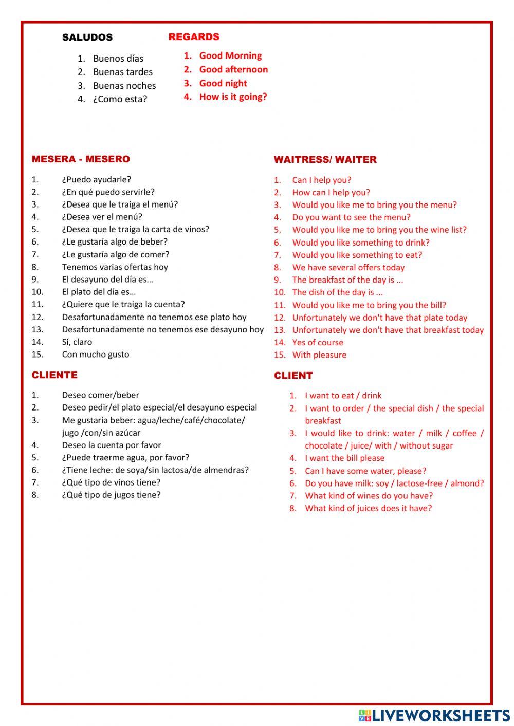 Vocabulario sobre el restaurante