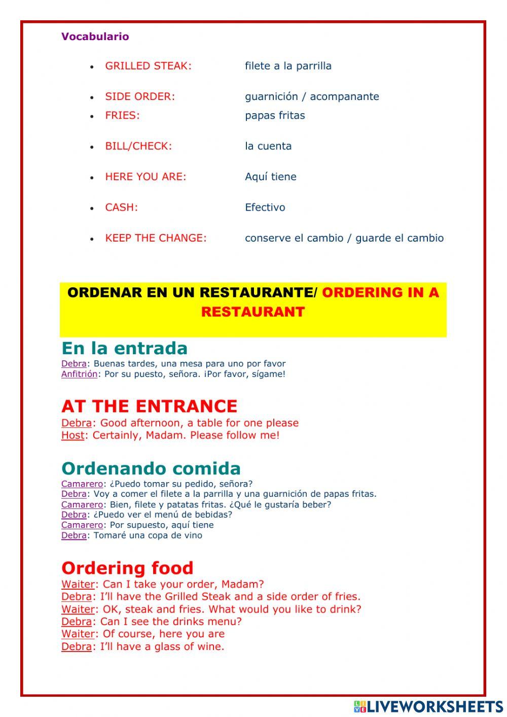 Vocabulario sobre el restaurante
