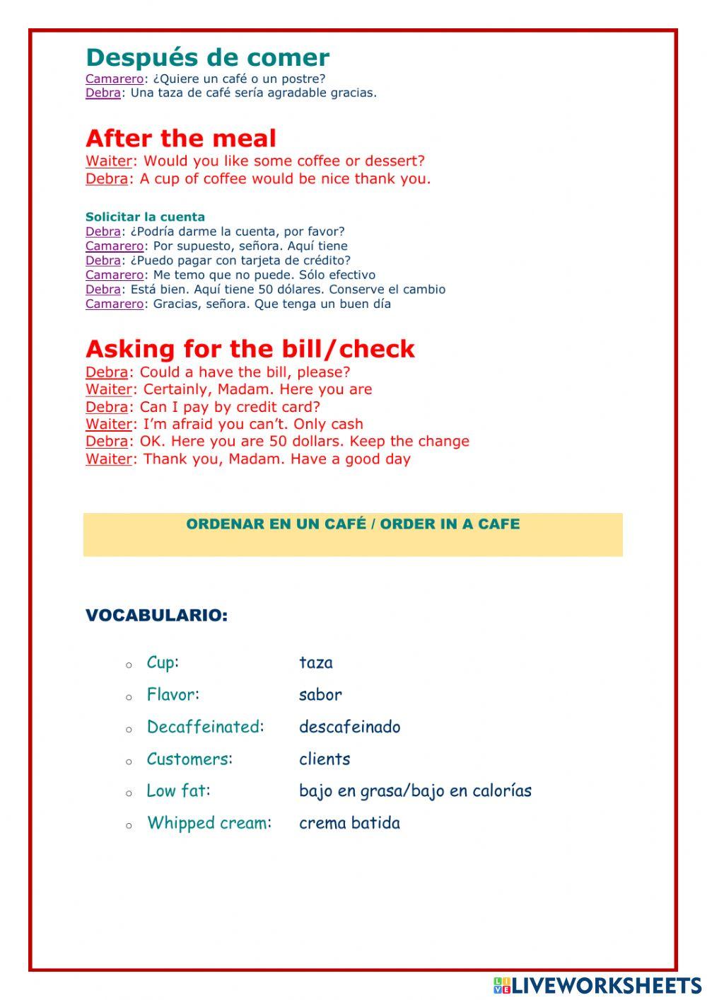 Vocabulario sobre el restaurante