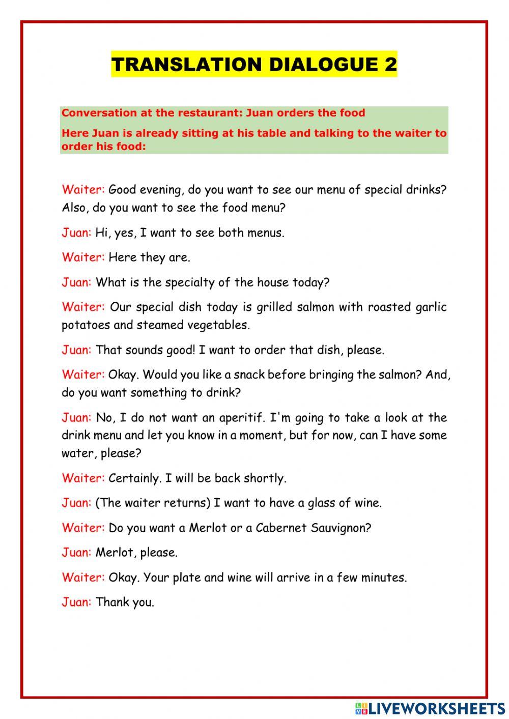 Vocabulario sobre el restaurante