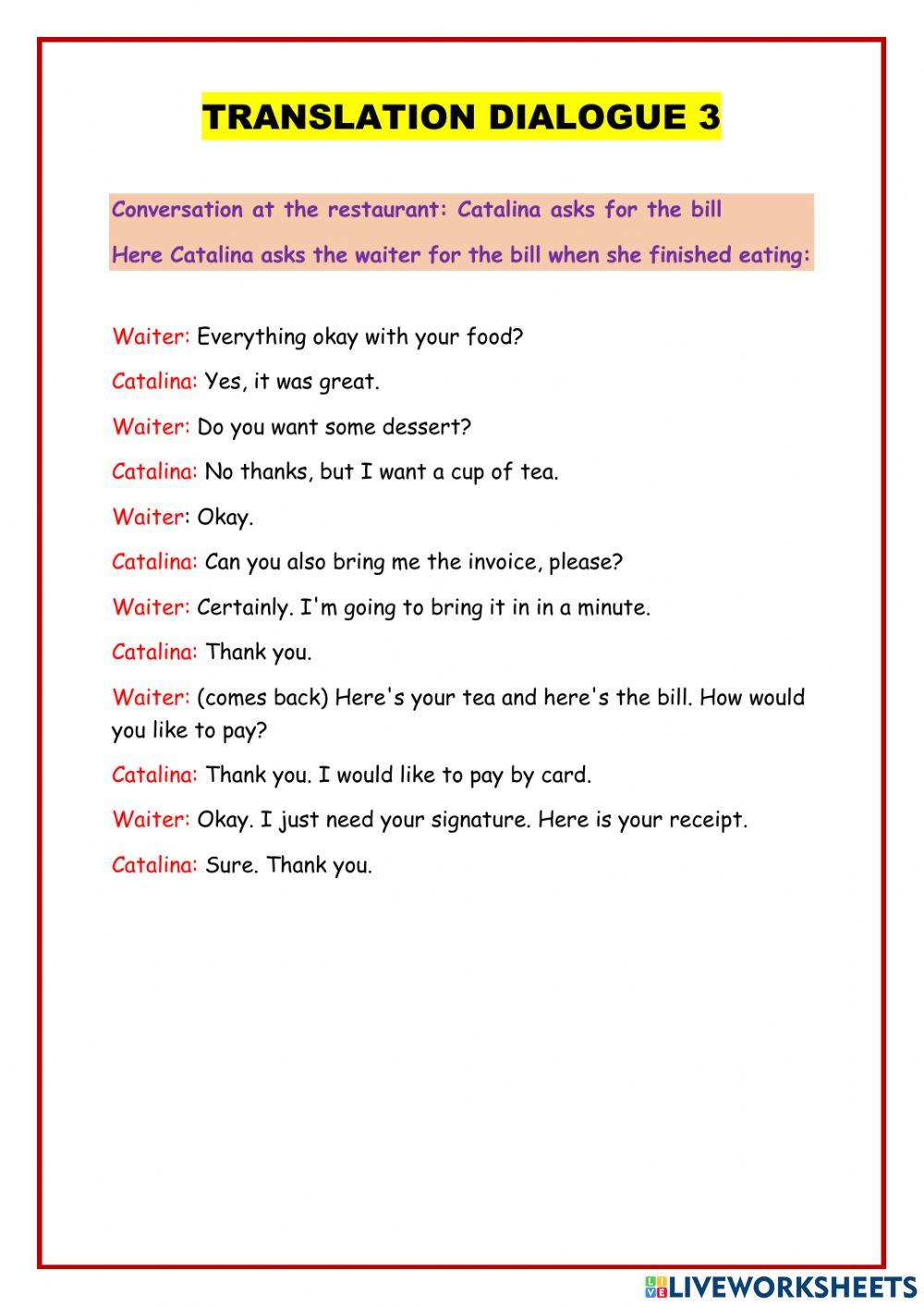 Vocabulario sobre el restaurante