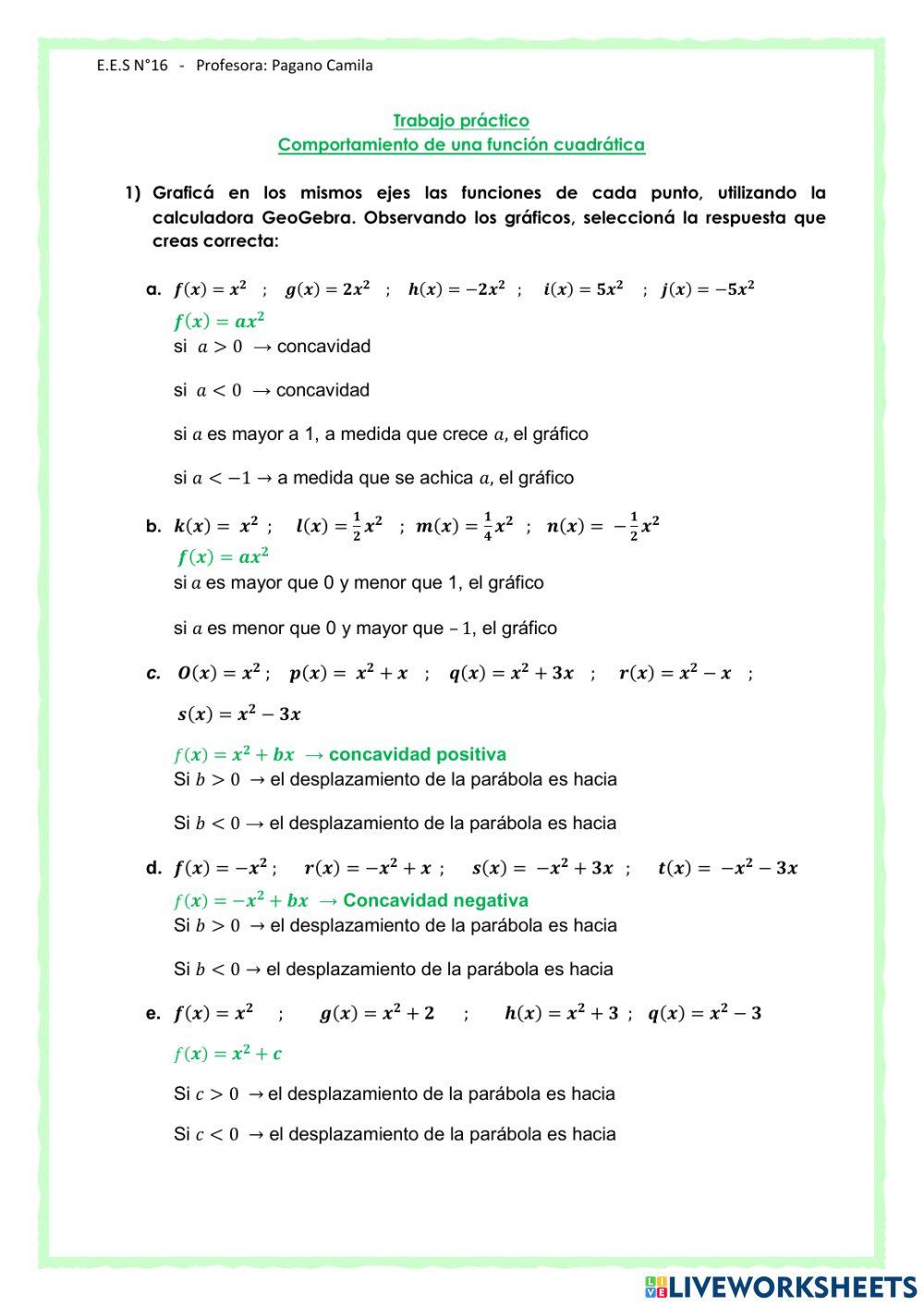 Comportamiento de una función cuadrática