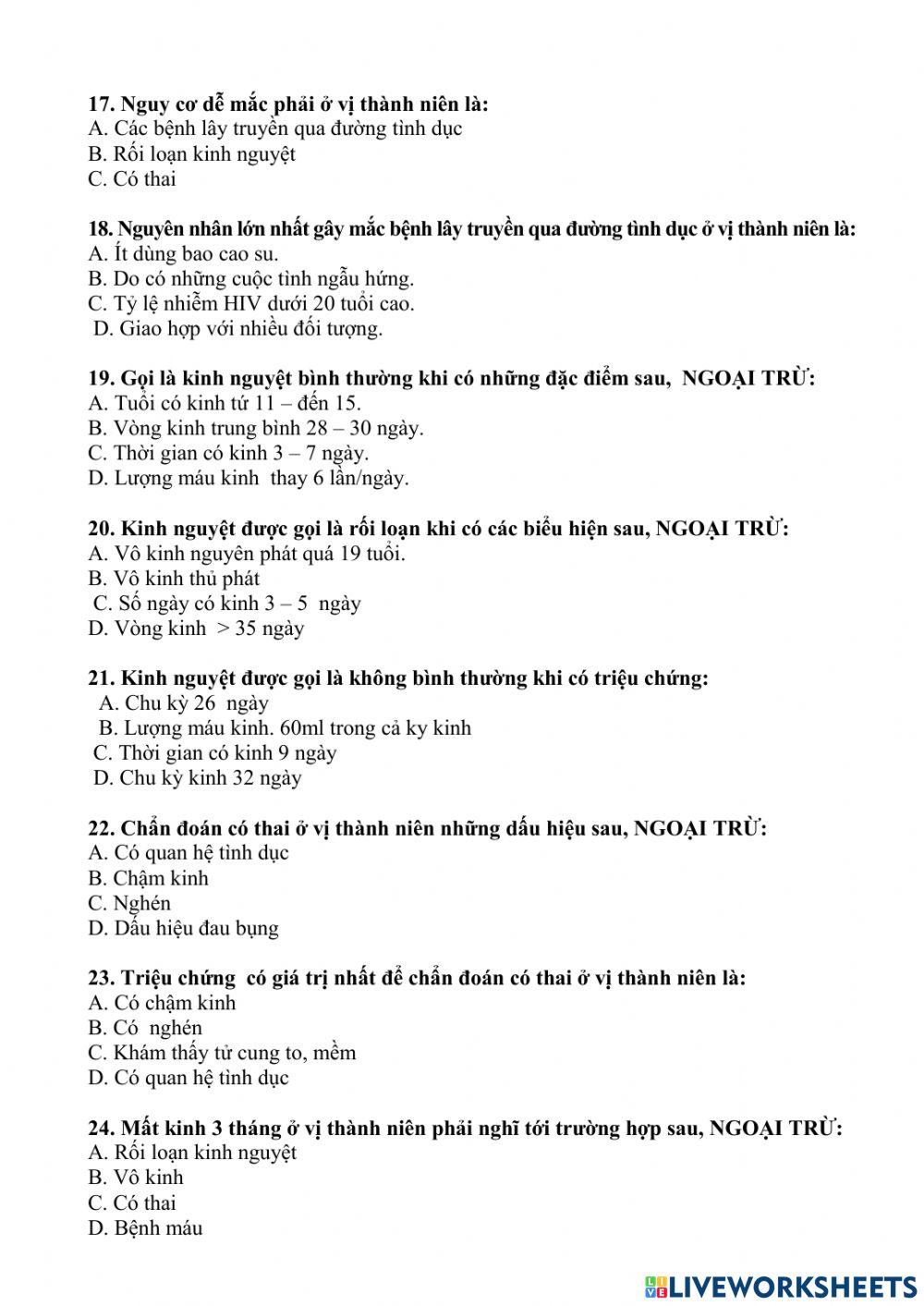 Câu hỏi về sức khỏe sinh sản