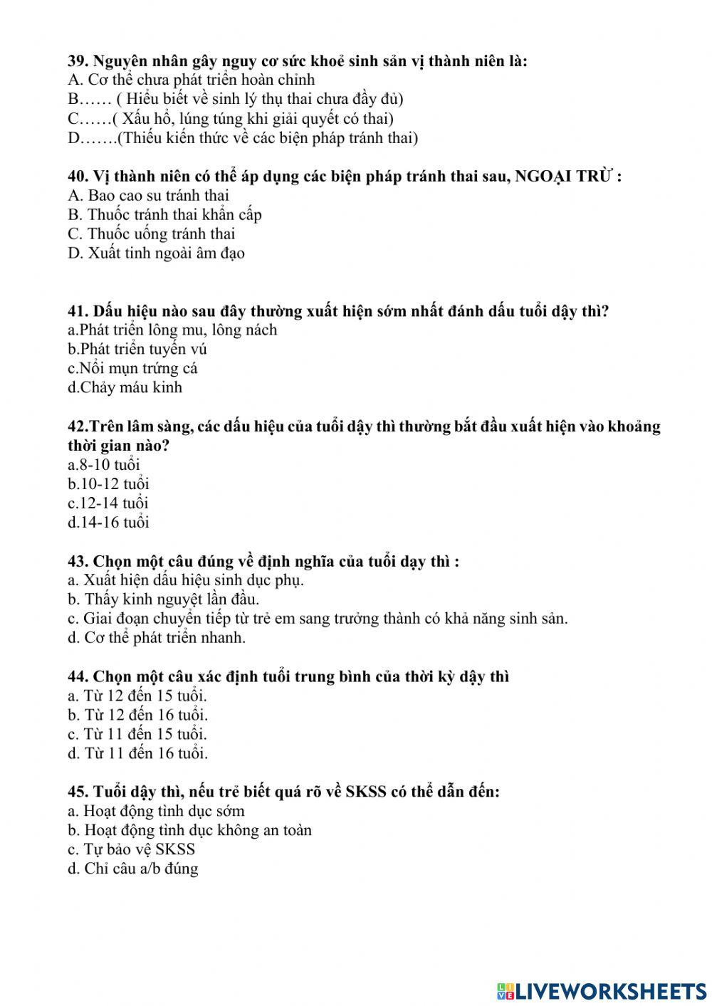 Câu hỏi về sức khỏe sinh sản