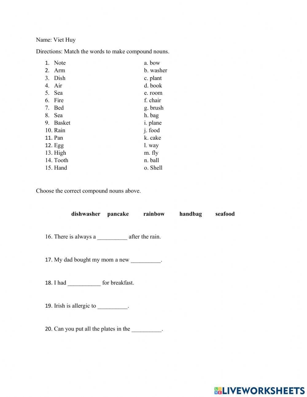 Compound nouns online pdf worksheet Live Worksheets