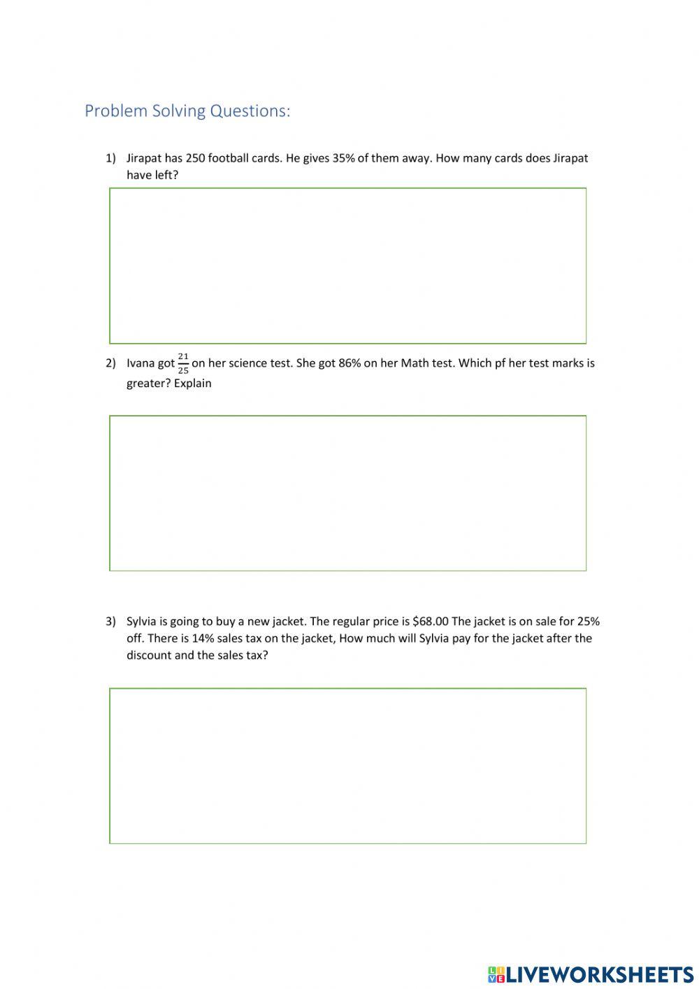 Problem Solving on Percentages Problem Solving on Percentages