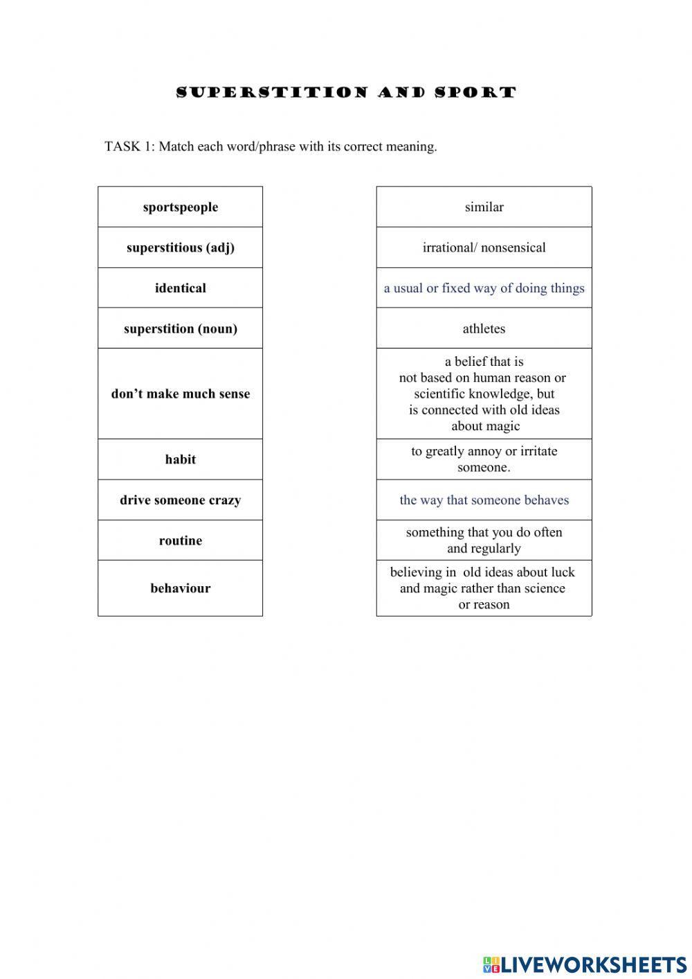 Superstition and sport interactive worksheet Live Worksheets