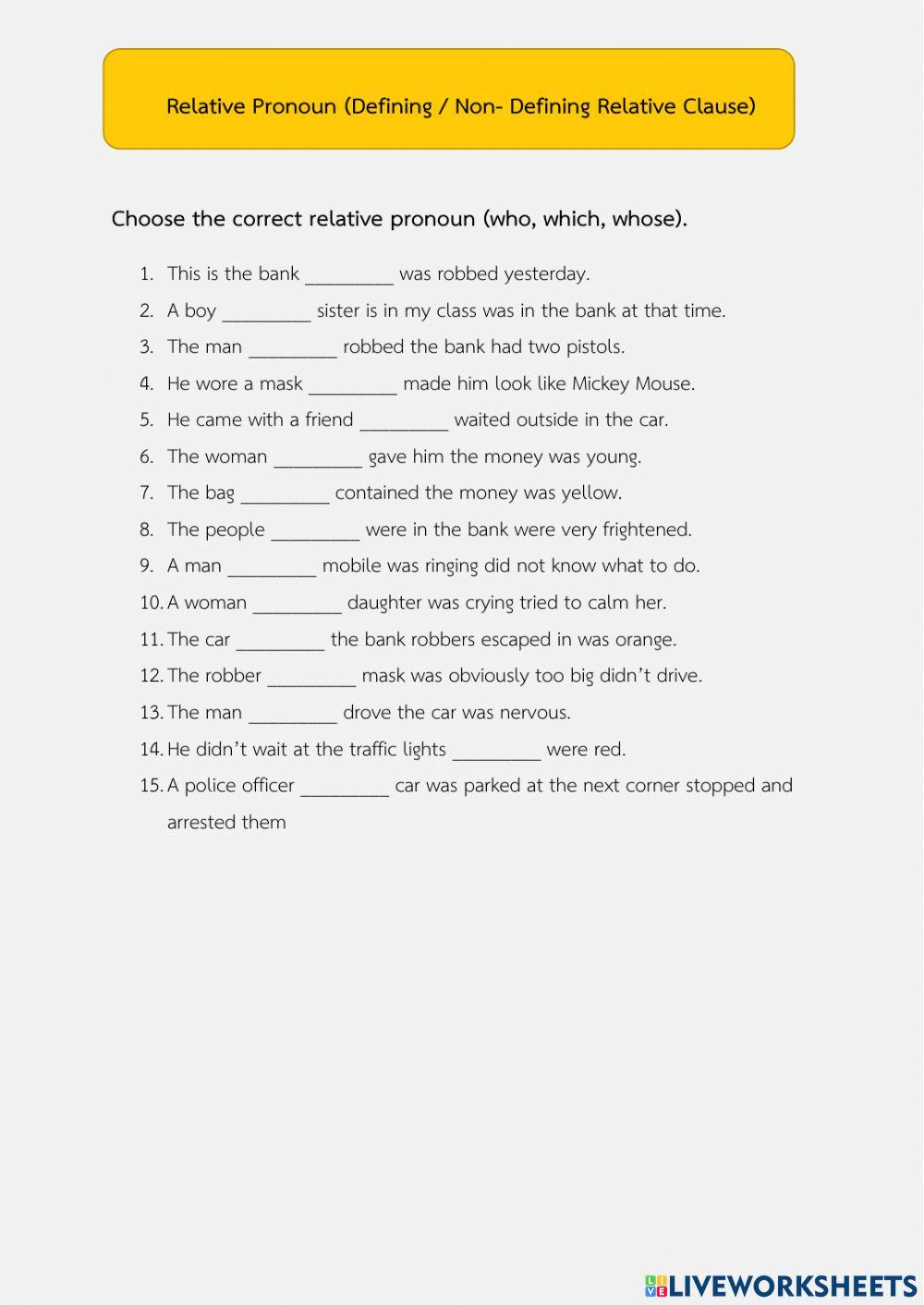 Relative Clause online exercise for Live Worksheets