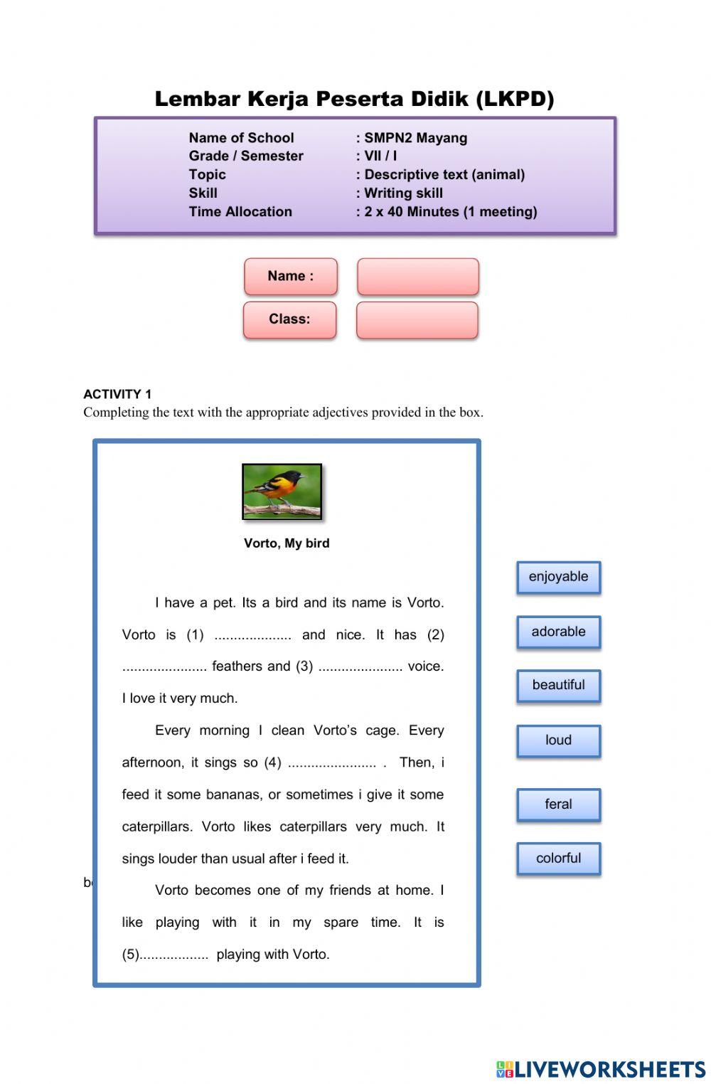 Descriptive text worksheet for VII | Live Worksheets
