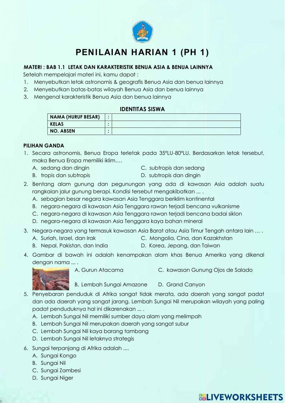 PENILAIAN HARIAN 1 : LETAK - KARAKTERISTIK BENUA DI DUNIA