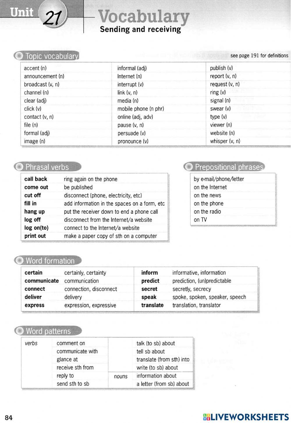 Des unit 21 vocabs sending and receiving worksheet live worksheets