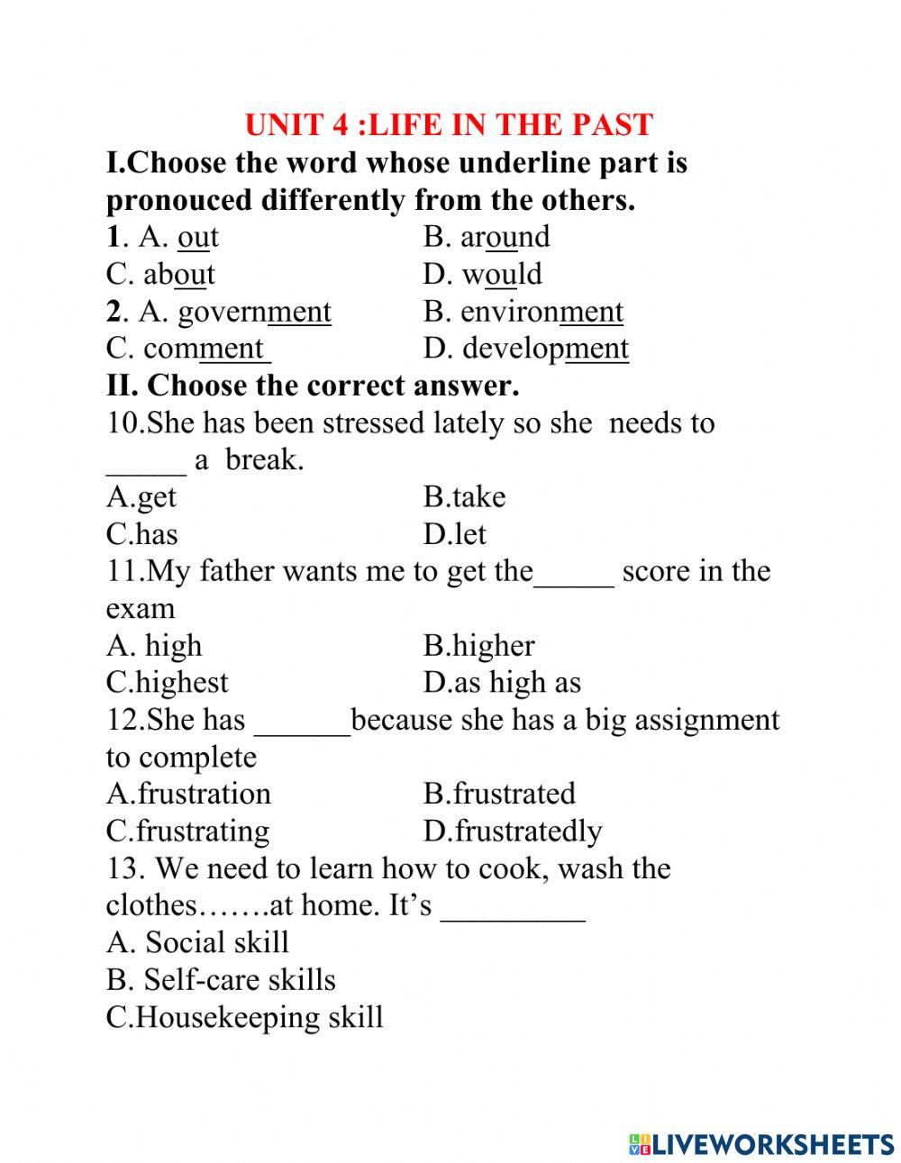 Lớp 9 unit 4:LIFE IN THE PAST