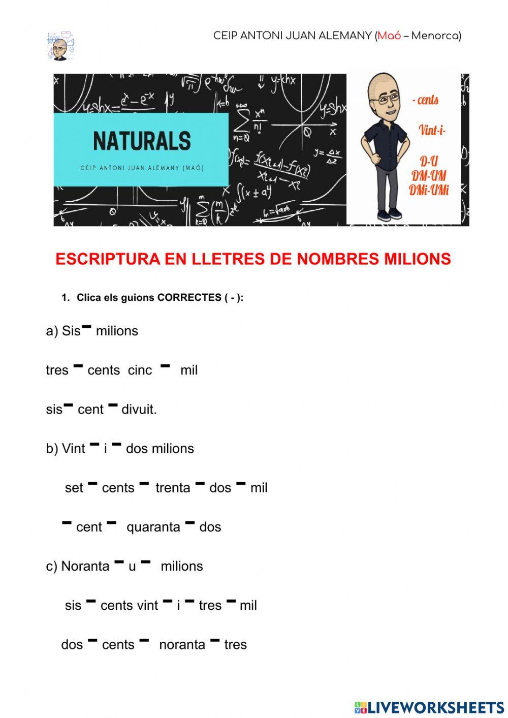Escriptura en lletres nombres milions