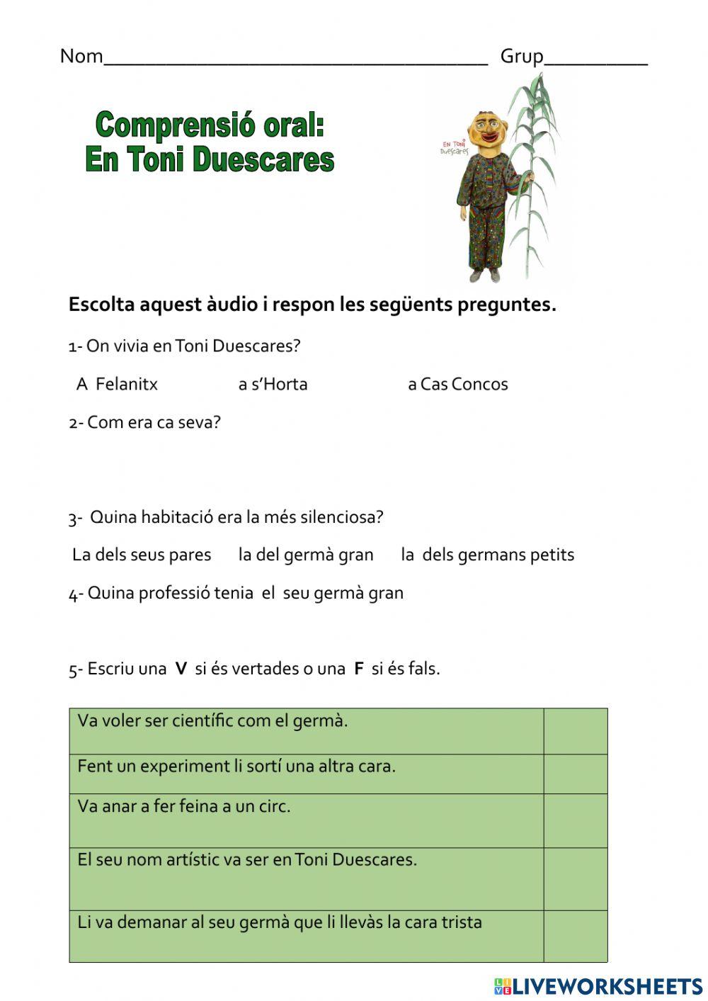 Conprensió oral: En Toni Duescares