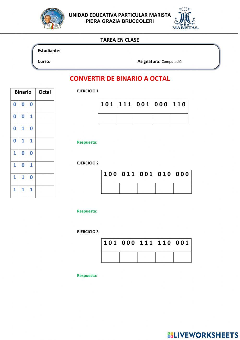 Binario a octal y hexadecimal