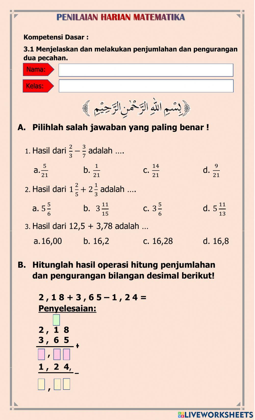 Penilaian Harian Penjumlahan dan pengurangan pecahan