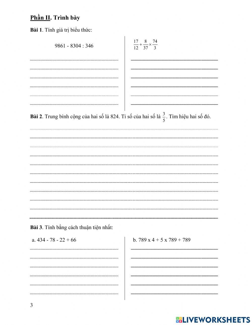 Bài kiểm tra đầu năm Toán số 1