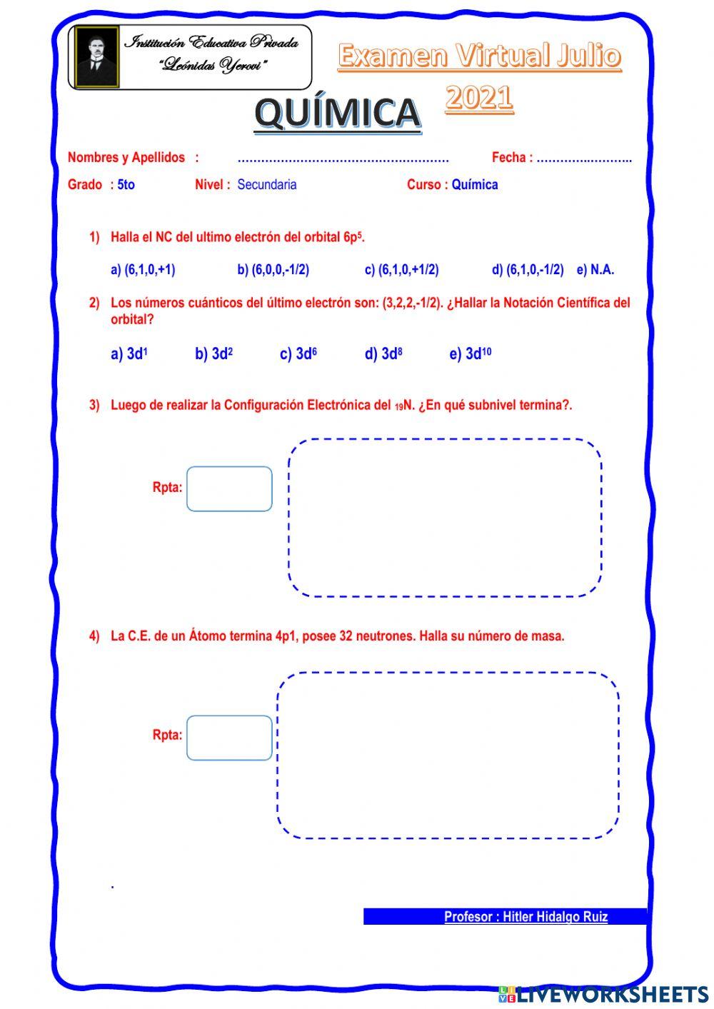 Examen Química 5to Sec.