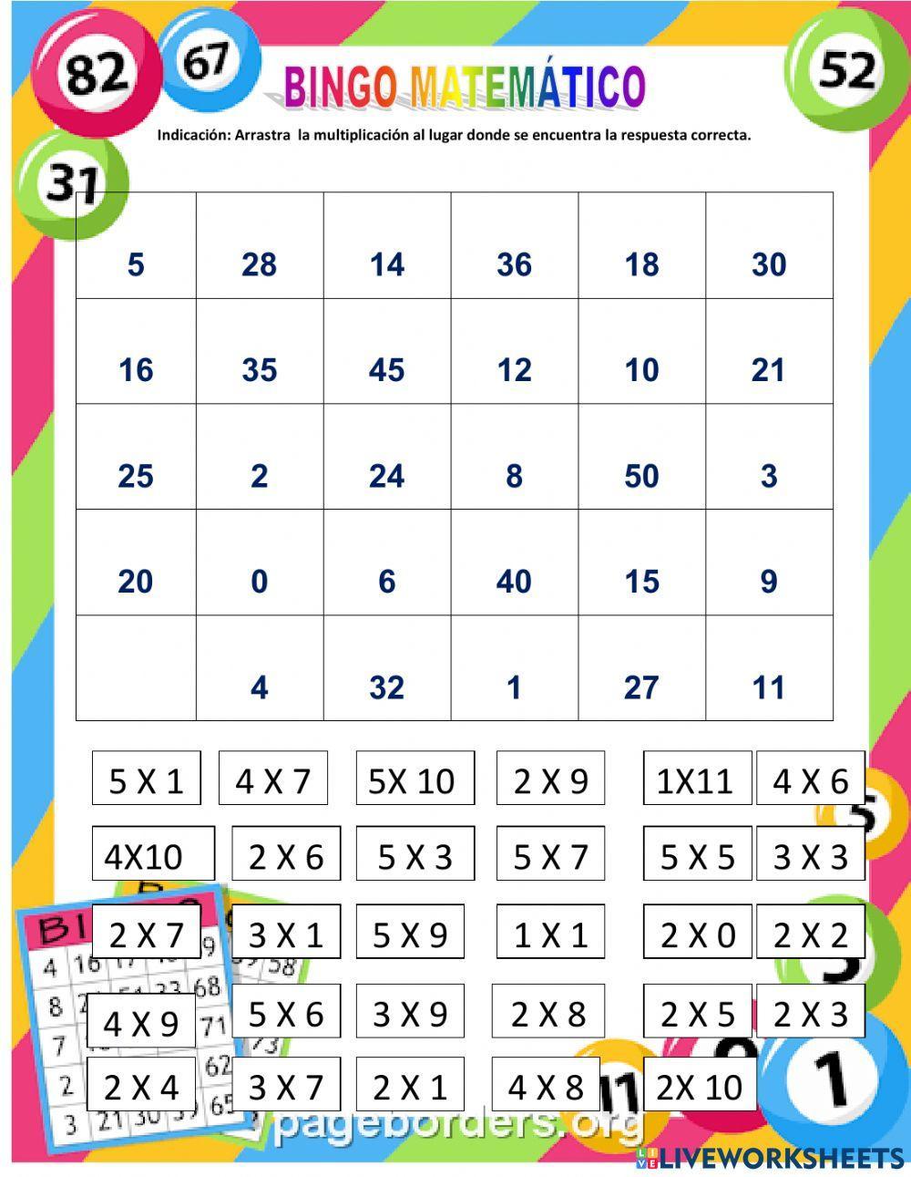 Bingo matemático de las tablas del 2 al 5