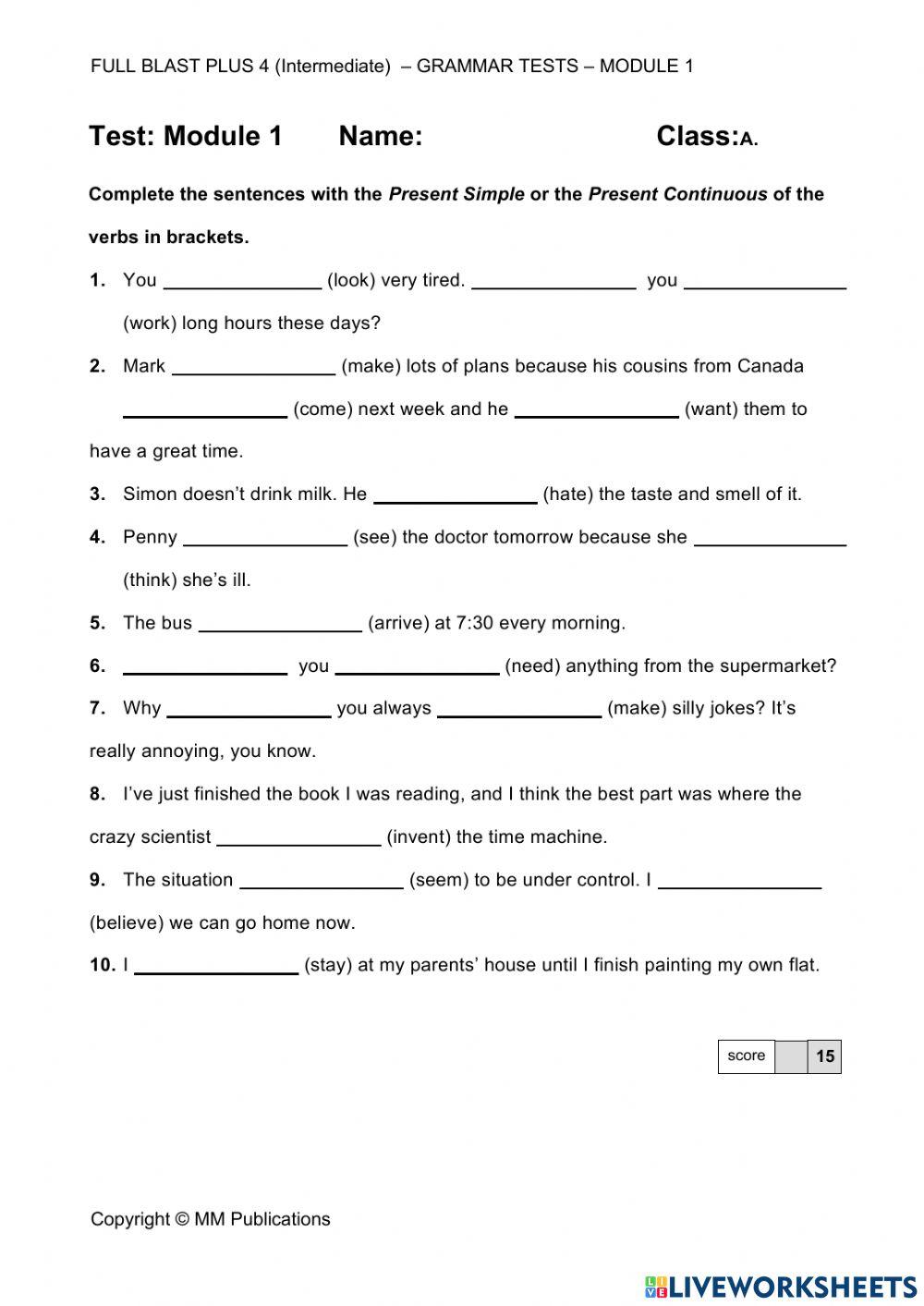 grammar test module 1 full blast plus