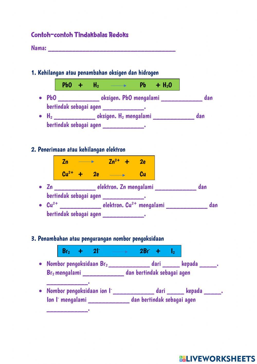 Contoh Tindakbalas Redoks