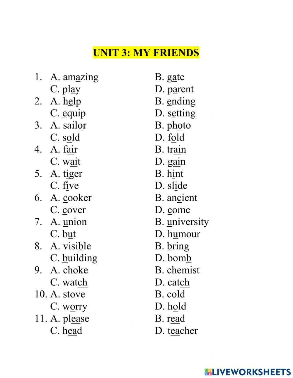 Test Lớp 6 PRONUNCIATION unit 3