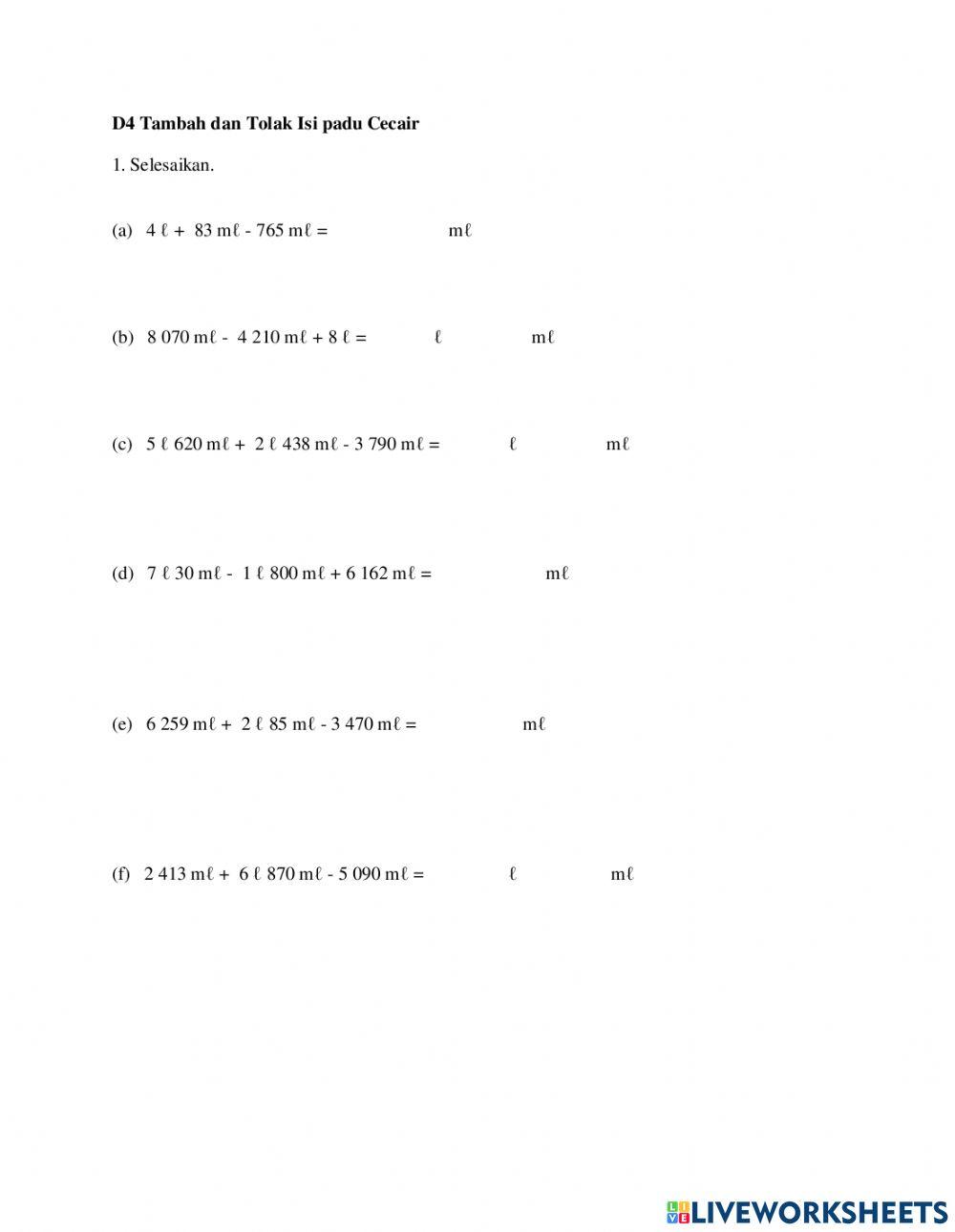 Matematik Tahun 4 : Tambah dan Tolak Isi padu Cecair