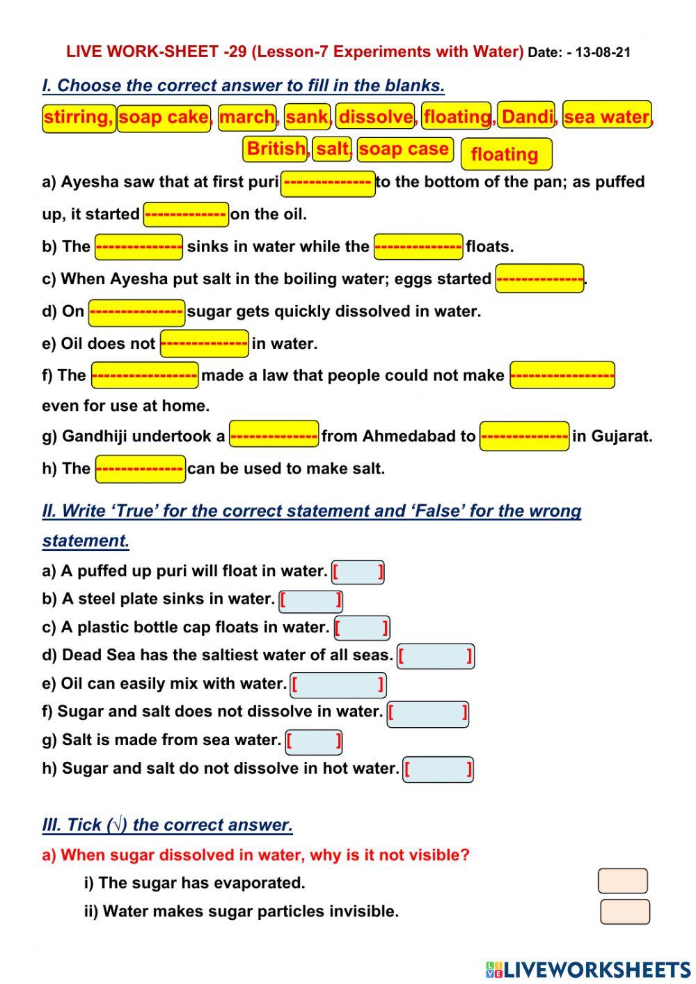 Worksheet No- 29 Experiments with water