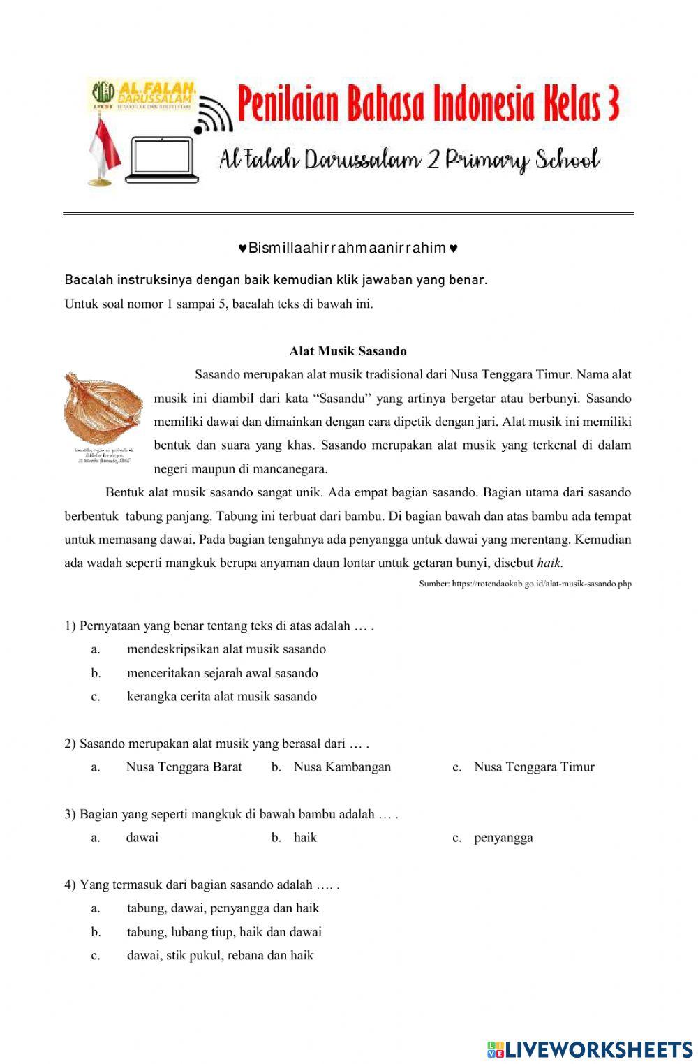 Penilaian Materi Harian-Tema 123-Membaca dan Menulis