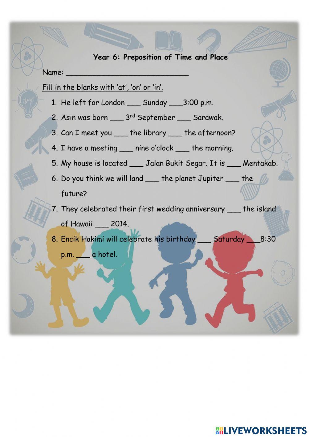 Year 6 Preposition of Time and Place